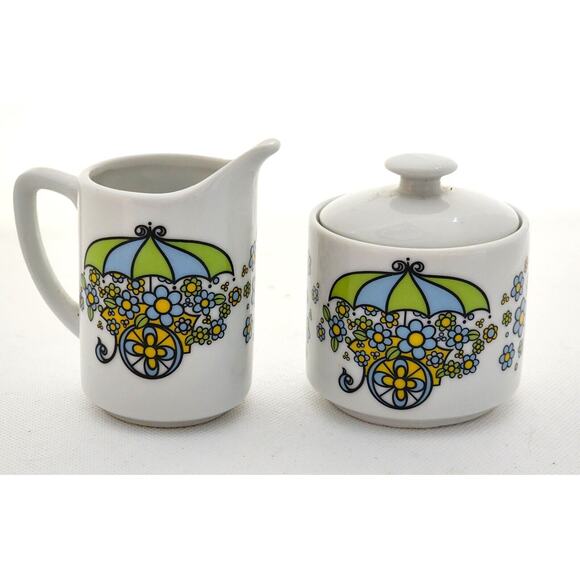 CREAMER AND SUGAR SET-Flower Cart-Blue Green Yellow Flowers-Japan-Small - Picture 1 of 9